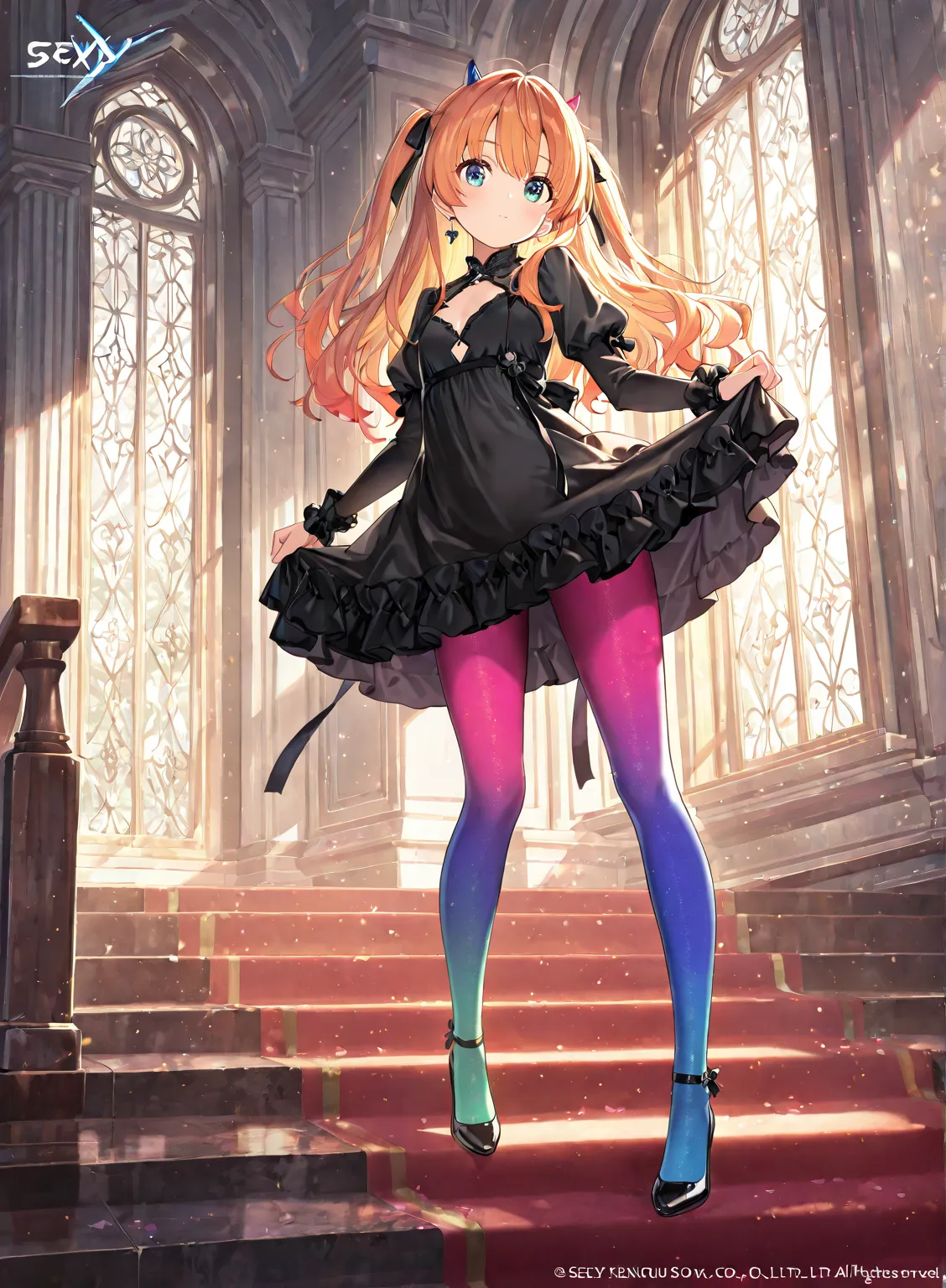 ((sexy)), ((cute)), black dress, color tights,  (masterpiece, highest quality), official art, beautiful and aesthetic: 1.2), (1 girl), very detailed, 