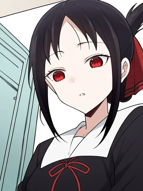  score_9,  score_8_up,  score_7_up,  source_anime,
Kaguya-shinomiya, Kaguya-sama wants to tell,  short hair, bangs,   black hair, red eyes,  hair ribbon, side lock, folded ponytail, parted bangs, smiles、parted lips, 
 Long Sleeve,  black uniform, white sai...