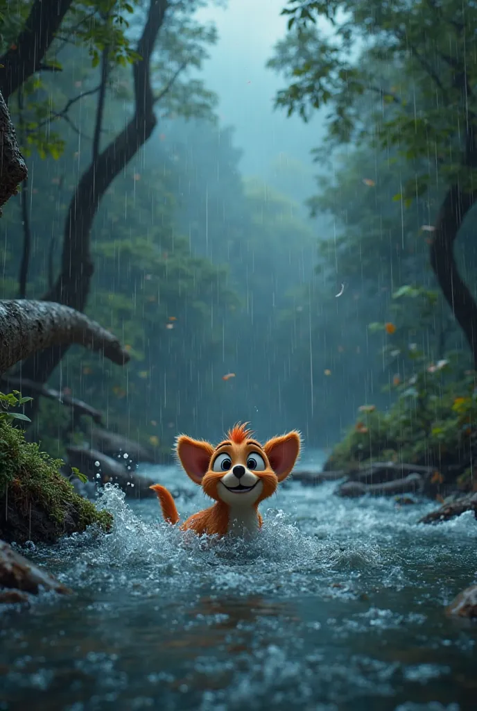 बारिश और मुसीबत कछुआ खरगोश "3D Pixar-style. A heavy rainstorm with dark clouds and pouring rain. Tinku, struggling in the strong water current, his small paws trying to grab onto floating debris. The forest is partially submerged, with water swirling aroun...