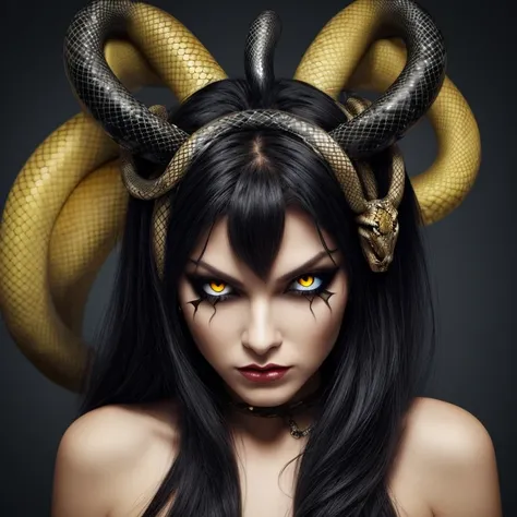 Evil demoness with a head of snake, snakes in her hair, yellow eyes
