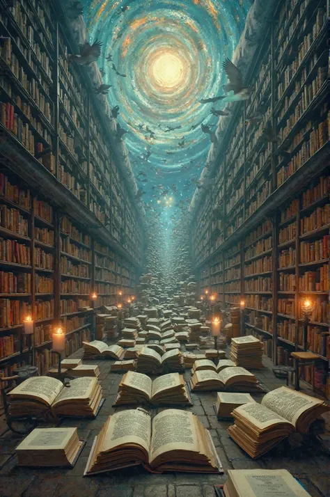 Surrealism-style image of an endless library where books fly like birds, its pages form a staircase leading to an unknown world hidden behind its cover, from a wide-angle panoramic perspective, with soft candle-lit lighting that produces a self-moving shad...