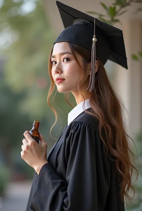 Create a high-resolution 4K realistic image of a graduation girl in a side view perspective.She is wearing a graduation gown and cap, holding a small bottle in her hand.Focus on capturing the details of her attire and the bottle, ensuring the background is...