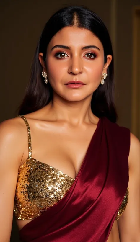 Generate a ultra realistic masterpiece close up front image of a woman in a maroon sleeveless saree. The blouse is golden colour with mirror sequins. It has no sleeves and has a golden satin finish with spaghetti strap. One side of the blouse is completely...