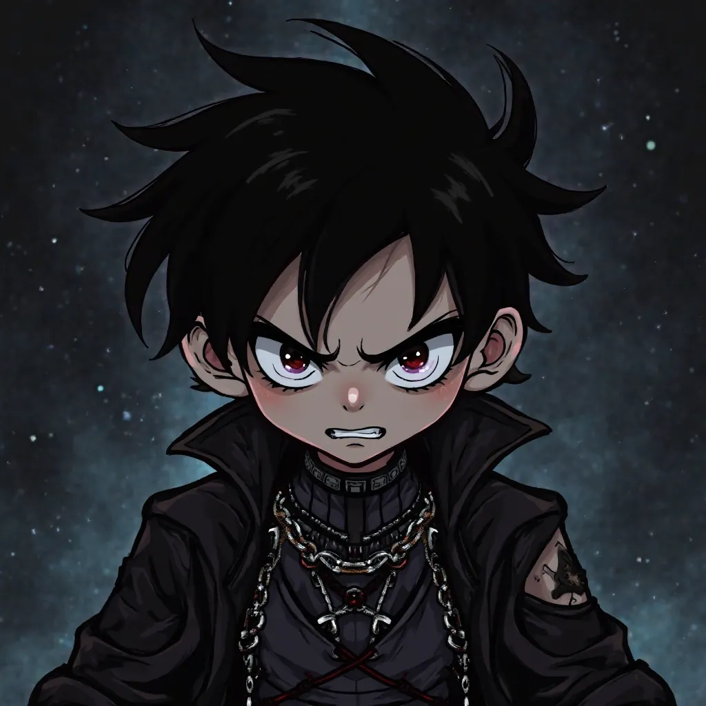 "A chibi-style male character with thick, bold outlines, giving off a final boss vibe. He has black hair styled messily, and his eyes are intense, staring directly at the viewer with a killer, emotionless glare. His facial expression is a mix of anger and ...