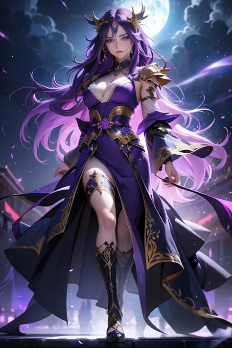 "4K anime style quality, digital drawing mode, a powerful and imposing warrior with long flowing dark purple hair, piercing amethyst eyes, and an ethereal presence, wearing an purple and black kimono with golden embroidery, standing atop the Palace balcony...