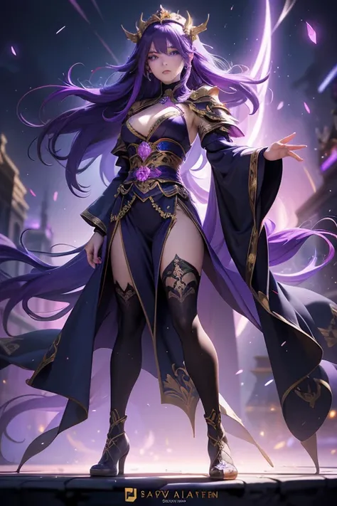 "4K anime style quality, digital drawing mode, a powerful and imposing warrior with long flowing dark purple hair, piercing amethyst eyes, and an ethereal presence, wearing an purple and black kimono with golden embroidery, standing atop the Palace balcony...