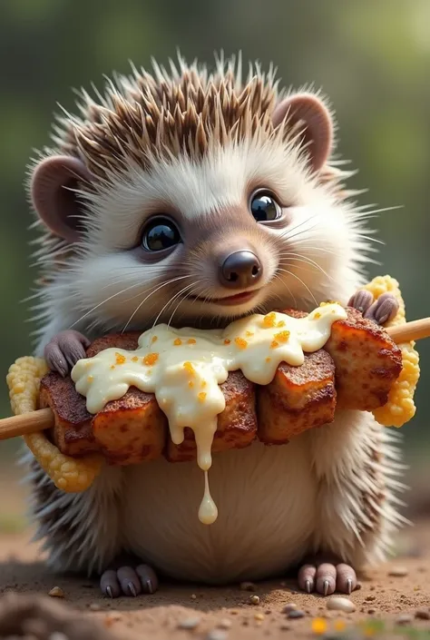 A realistic hedgehog, with its well-defined spines and its soft fur on the face and The belly, is sitting on its hind legs. His little hands hold a kebab of juicy meat, with pieces of chicken or roasted lamb, wrapped in soft bread. The kebab is covered wit...