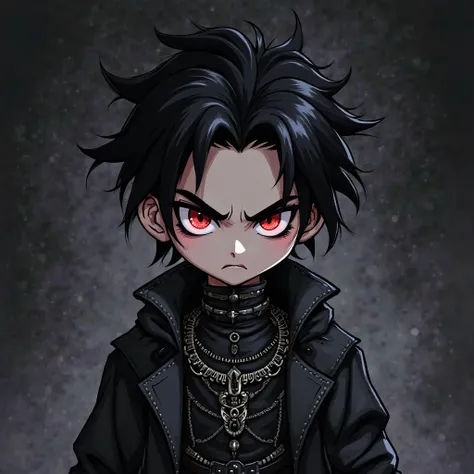 "A chibi-style male character with thick, bold outlines, giving off a final boss vibe. He has black hair styled messily, and his eyes are intense, staring directly at the viewer with a killer, emotionless glare. His facial expression is a mix of anger and ...