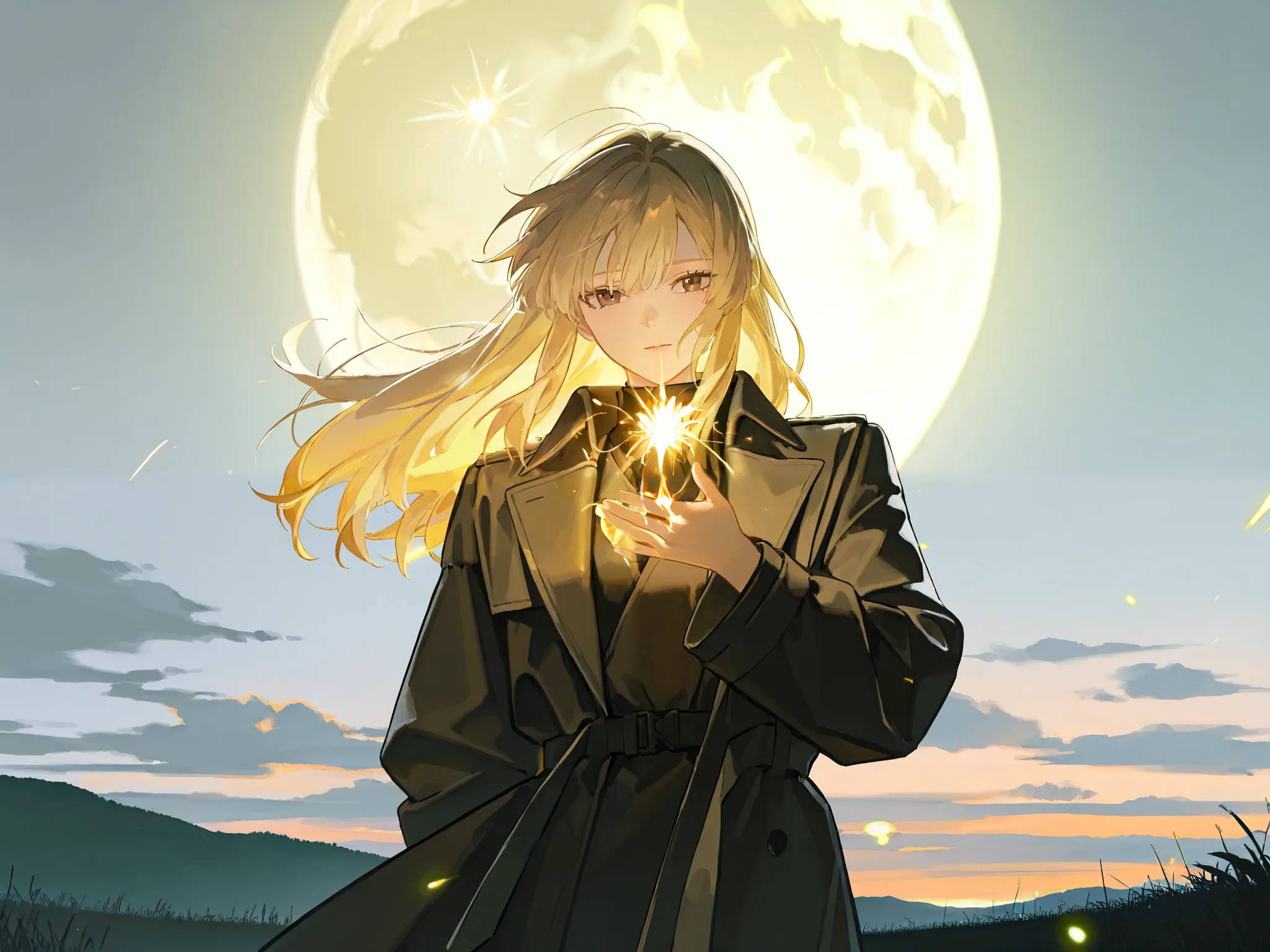 1girl,    Long-haired blonde   , long blond golden hair flutters in the wind,   Dark brown eyes, Dark brown eyes  , Samurai girl in a white and black coat, Holding a large round dandelion in the hands of the chest in front of the face, a glowing fiery gold...