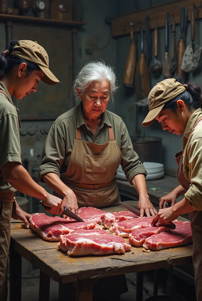 An old woman and two workers making pork steaks. 