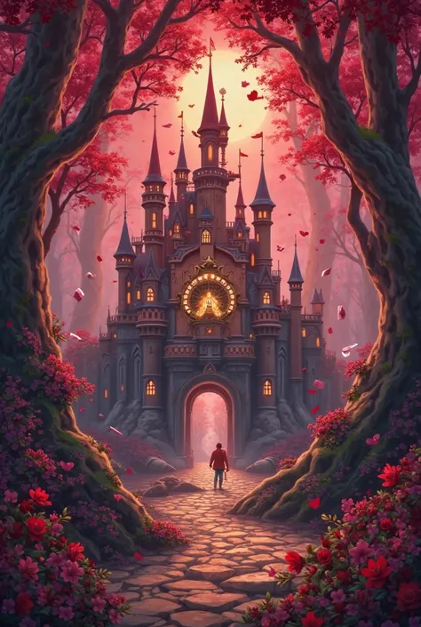 Make me a profile for my descendants discord server called "Secrets of Wonderland". I want the color schemes to be red, pink, and gold. I want the "Secrets of Wonderland in a gold font and i want the wonderland castle from descendants: the rise of red. I a...