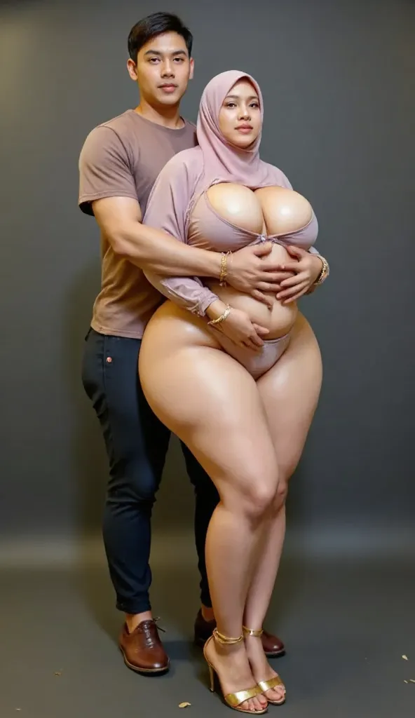 I am a 56 year old pregnant Indonesian woman, wide hips, wearing a glow hijab and glow gold high heels. Being hugged from behind by my 20 year old slender husband, he is holding my hips.Anatomically Correct, Textured Skin, realistic skin, Super Detailed, H...