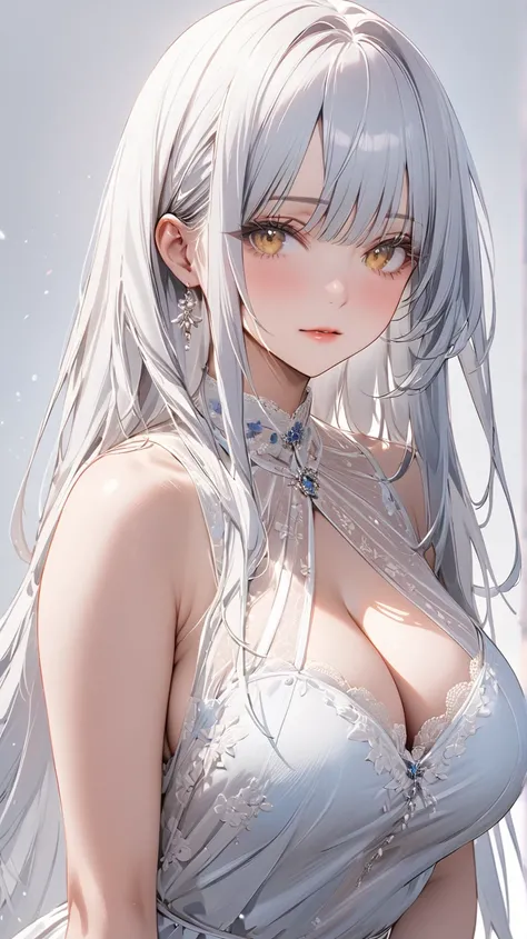 , face details,semi realistic, Masterpiece, Master work, perfect , 4k, 1woman, full body display, adult woman, mature body, big breast breasts, straight long hair, flat bangs hair style, white hair, white colored hair, (((blue-streaked white hair))), Yello...