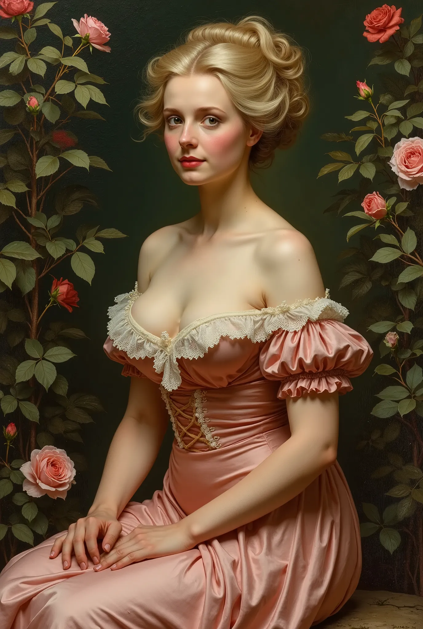  19th century painting ,  Portrait painting , beautiful blonde woman , Sitting on a stone,  surrounded by curly bushes with roses ,  dressed in a Victorian heavenly colored silk dress with a white trim and a low neckline with seductive big plump breasts , ...