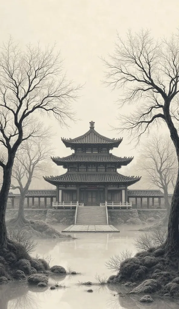 2-story Chinese temple with greyscale cherry trees in the background