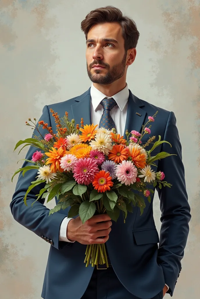 Ilya Sharipov in a business suit with flowers in his hands