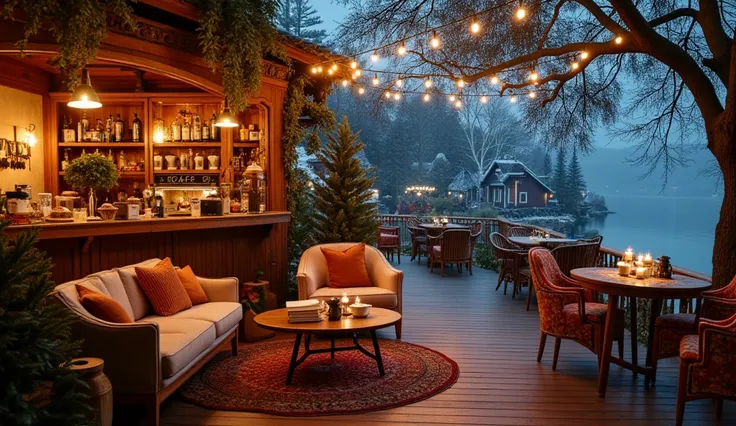 Night view of a cozy winter cafe by the lake, Surrounded by brilliant green and orange winter foliage. Outdoor seating area with armchair, Comfortable sofa with soft blanket and pillow, along with a round Ottoman-style tea table decorated with candles, Boo...