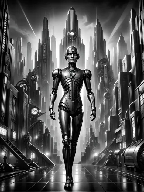 android,  futuristic , Stylized, Art Deco, expressionist, 1920s, Mad-Ropolis movie in black and white, (masterpiece:1.2), better quality, (hyper detailed, more detailed:1.2), high-resolution textures