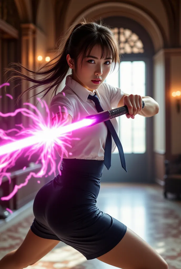 Sexy beautiful Japanese woman, a self defense officer uniform, wearing a white short-sleeved shirts, navy blue tie, navy blue pencil skirt, Black patent high heels, beautiful hip-line, Beautiful thighs, a woman in the catsle, Fights, Laser blade glowing pi...