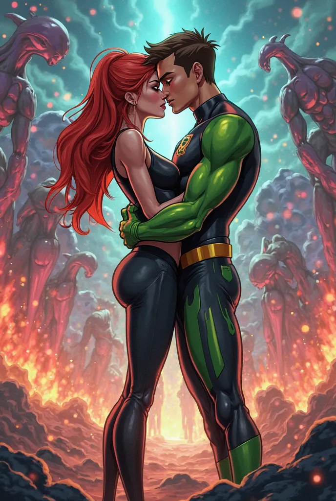 Ben 10, gwen with bold body, with there original costume, alien fight background, both kissing each other
