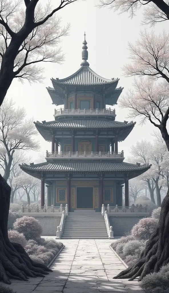 4-story Chinese temple with greyscale cherry trees in the background