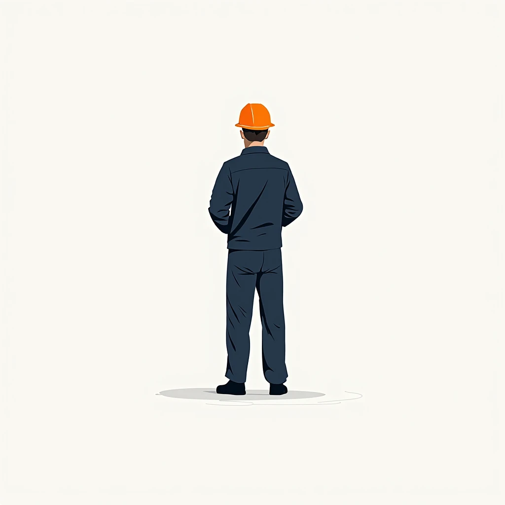 The worker stands in the form of a logo. Minimalism. The Style of Illustration. He was wearing an orange helmet and dark blue work clothes. White background.