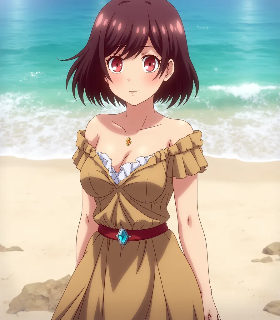 ra3  ,  image of a girl with short brown hair, red eyes, blush on my face and with a caveman dress, D-cup breasts and beautiful skin showing her feet in the middle of a beach, " anime style" 