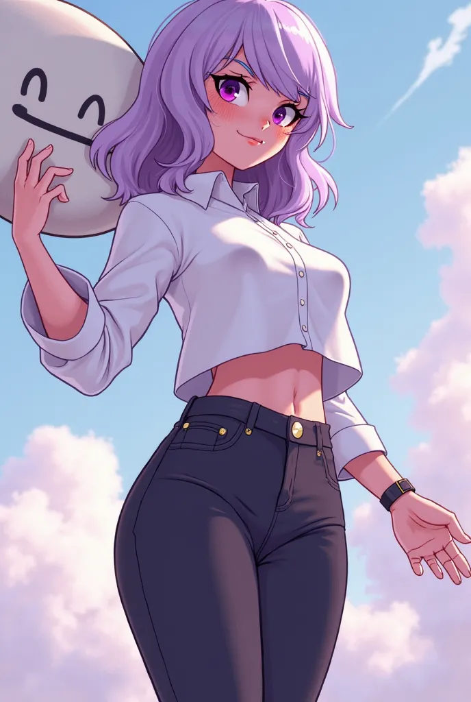 cartoon of a woman with a white shirt and black pants holding a white frisbee, this character has cryokinesis, full body sarcastic pose, steven universe style, natural tpose, she has purple hair, look like someone is dancing, “uwu the prismatic person, ame...