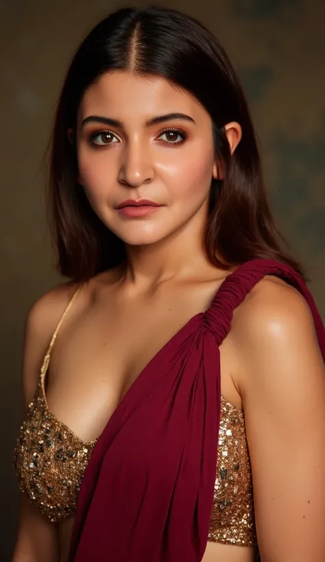 Generate a ultra realistic masterpiece close up front image of a woman in a maroon sleeveless saree. The blouse is golden colour with mirror sequins. It has no sleeves and has a golden satin finish with spaghetti strap. One side of the blouse is completely...