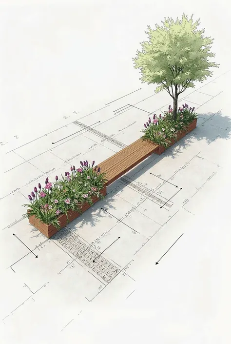 Diagram of the bench with planters, that the drawing shows a 3 m bench with a central strip of 1 m dedicated to planters and flower pots, separated from the rest of the permeable pavement, that is projected as an architectural drawing of a cut