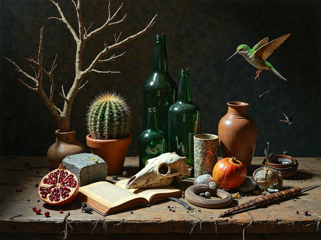 Realistic still life in dark style, with dramatic light that cuts out objects loaded with desert symbolism. A coyote skull rests on a cracked wooden table, surrounded by dry branches, opaque quartz and ceramic fragments. A cactus in a broken pot lives with...