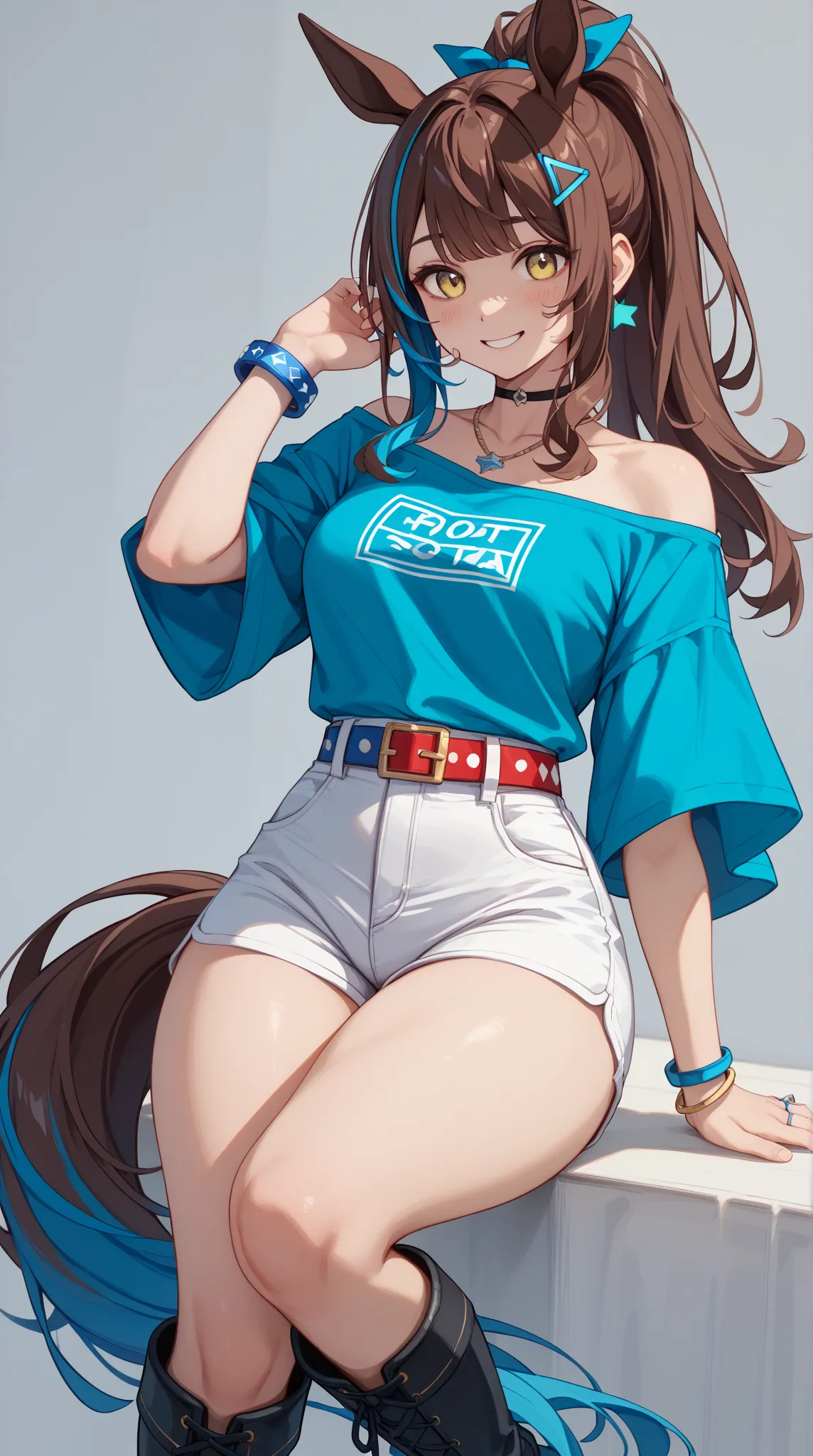 1 girl、Red dark brown hair、((blue streaked hair)), (blue highlights hair)、 star-shaped hairpin with bangs split to the right、 gal、 horse ears、((blue off-the-shoulder shirt))、(( White Hot Pants))、((white shorts))、square necklace、Fluorescent light blue ribbo...