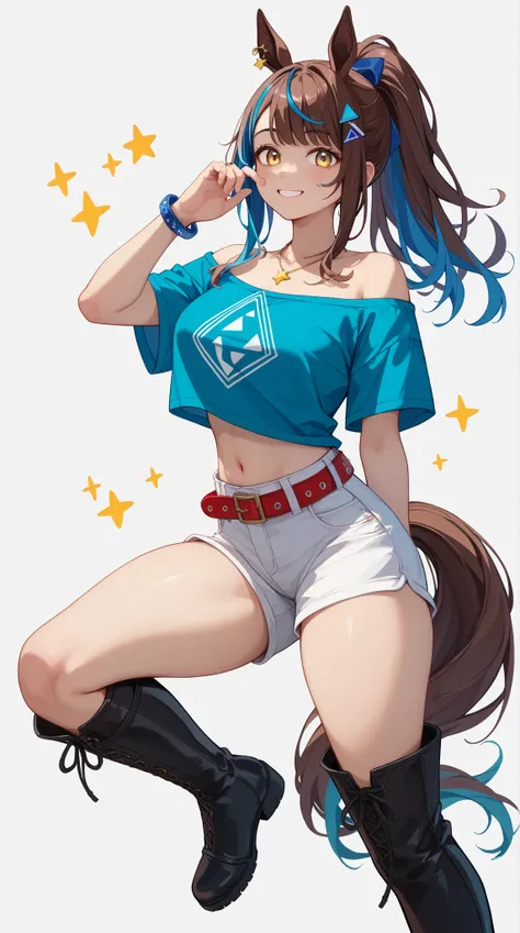 1 girl、Red dark brown hair、((blue streaked hair)), (blue highlights hair)、 star-shaped hairpin with bangs split to the right、 gal、 horse ears、((blue off-the-shoulder shirt))、(( White Hot Pants))、((white shorts))、square necklace、Fluorescent light blue ribbo...