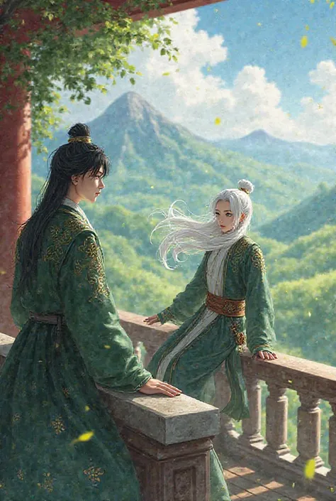 You can create an image where a young king of white tea ,  black hair and green eyes ,see sitting on a balcony, a young gentleman of black tea, white hair and blue eyes while training