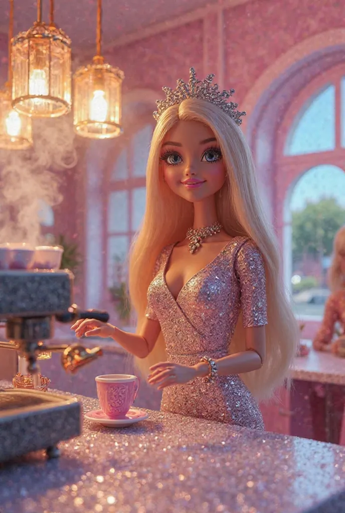 An L.O.L. OMG doll, dressed in a sparkling, glamorous outfit, works as a barista in a dazzling, stylish café. The interior of the café is shimmering with glamorous details—glittering countertops, pastel-colored decor, and elegant lighting reflecting off ev...