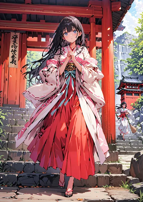 It's because of Rikkata, black hair, blue eyes, long hair, Orange Scrunch , scrunchie , List Scrunch, shrine maiden costume, white kimono ,Red Hakama,I'm cleaning the stairs with a bamboo broom with both hands,noon,full bodyがillustrationsに入るように, ...