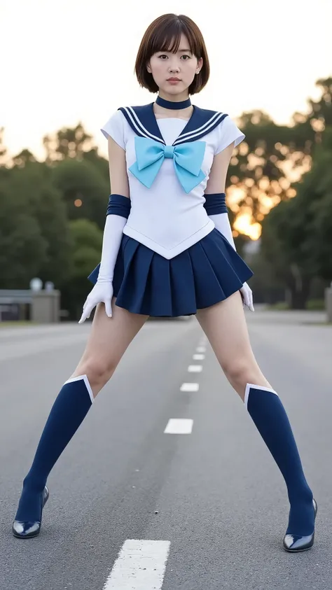 high resolution photo of a Japanese female idol, masterpiece, Highest quality,  complicated details, extreme detail, very aesthetic, Award-winning, sharp concentration, Cinematic Lighting, Alone, 1 girl, sailor mercury, M3RCury , (Shiny short dark hair), d...