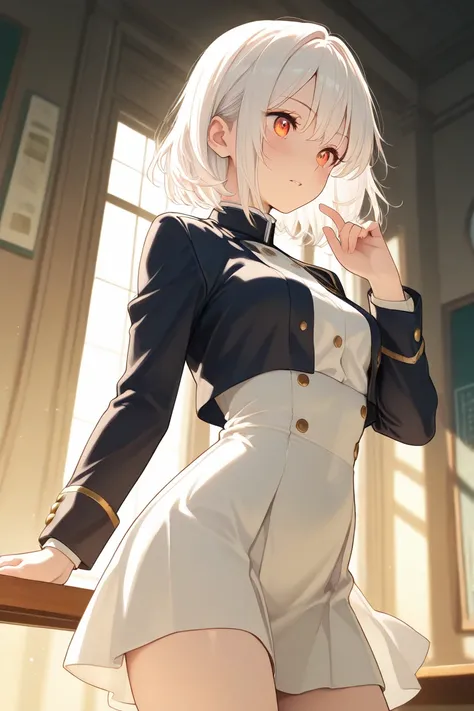 short anime girl with long white hair, small sized breasts, in a short and tight black jujutsu high uniform