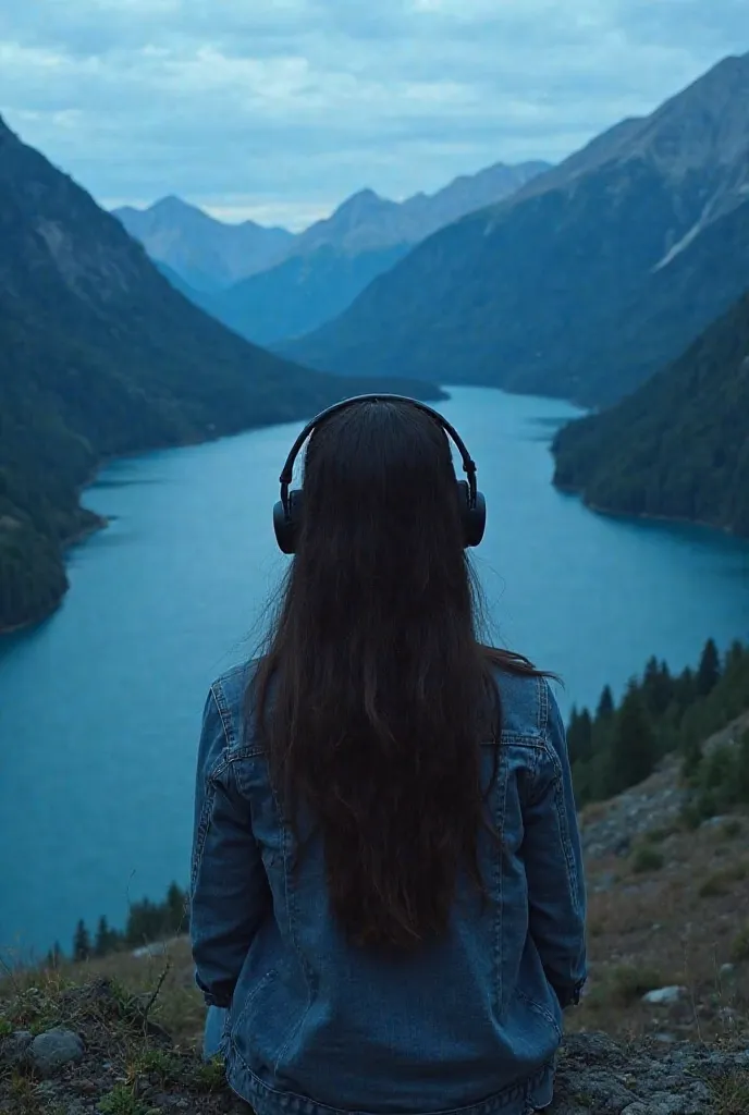 5MB jpg picture, blue water, beautiful view of slopey mountains, dim light, night time, beautiful green and bare mountains, girl sitting on mountains wearing headset, realistic portrait picture, girl's back towards camera and not even a single part of the ...