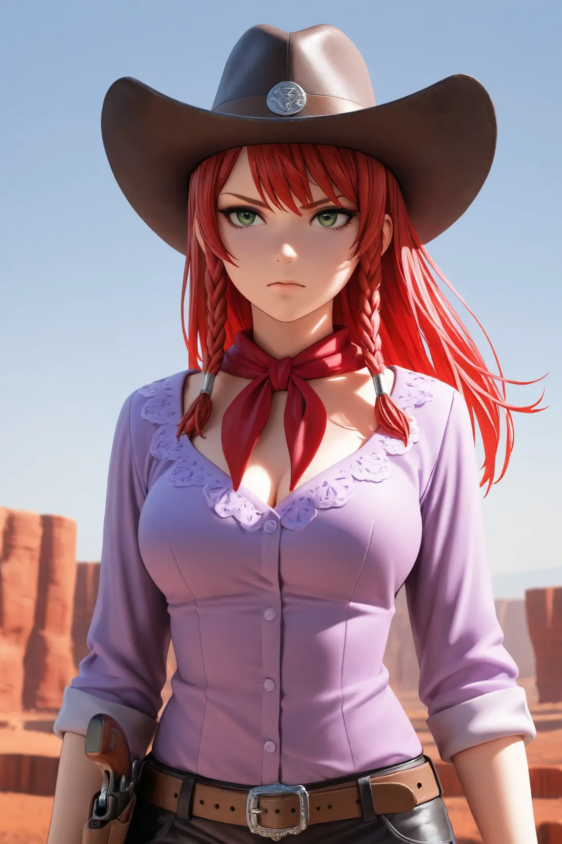 1 ,    Alone,    masterpiece,    High quality ,    ultra realistic, silky hair,   long red hair, side braids , cowboy woman, a purple cowboy blouse buttoned,  black cowboy pants, brown belt with silver buckle, black cowboy hat, red cowboy neckerchief, gree...