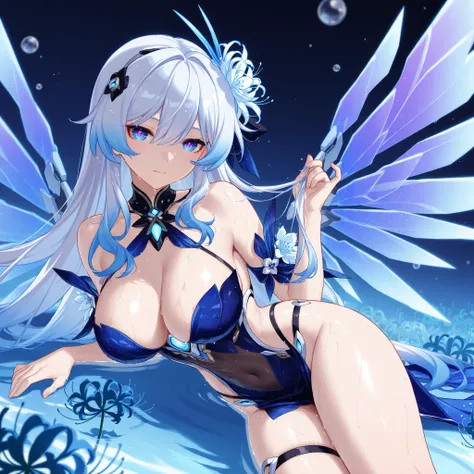 Honkai Impact 3、Kiana、best image quality、 best thighs、Beautiful breasts、wet body、Galaxy eyes、Machine Wings、sea hair、So that the whole thing is reflected、 flower headdress with death spots 、Blue spider lily、ice