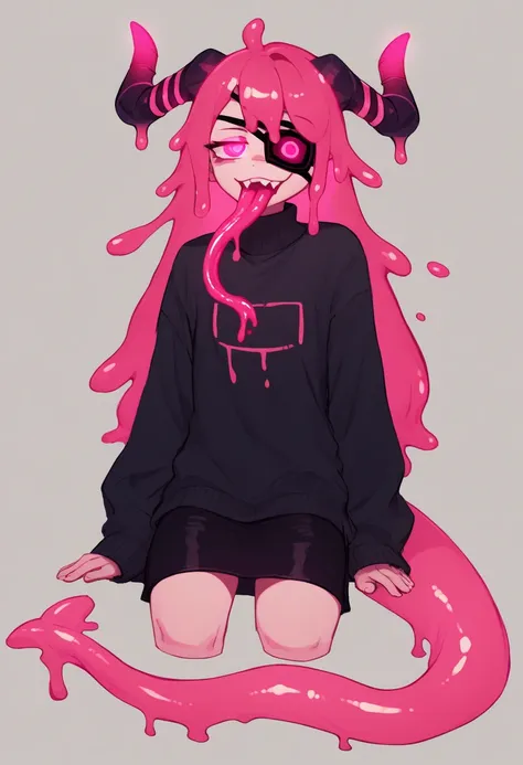 Anime girl with eyepatch and tatto of his legs, black sweater, medium black skirt, magenta hair, long hair, vibrant inner hair, pink eyes, neon eyes, glowing eyes, dragon horns, glowing horns, ornament on right horn, tired eyes, tired look, lizard tail, pi...