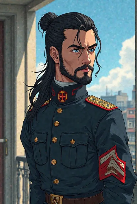 [anime Art] [anime] [animation] 35-year-old man with long black hair tied back,  light leather balcony, blue eyes and neat black beard. He wears a German World War II uniform. 