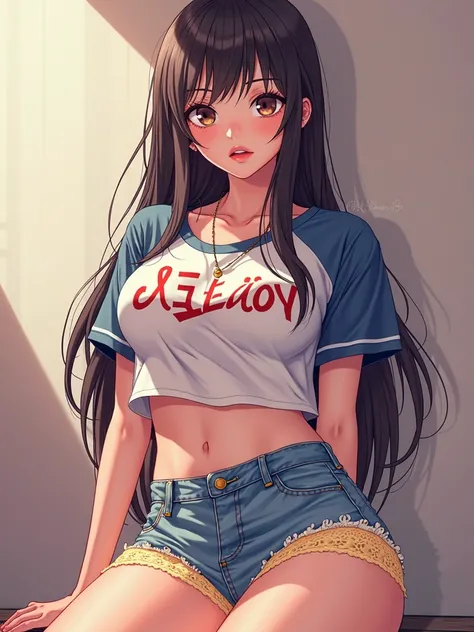 station　 t-shirts　miniskirt　yellow lace underwear　big breasts,straight hair、 Close your eyes,thick lips anime style