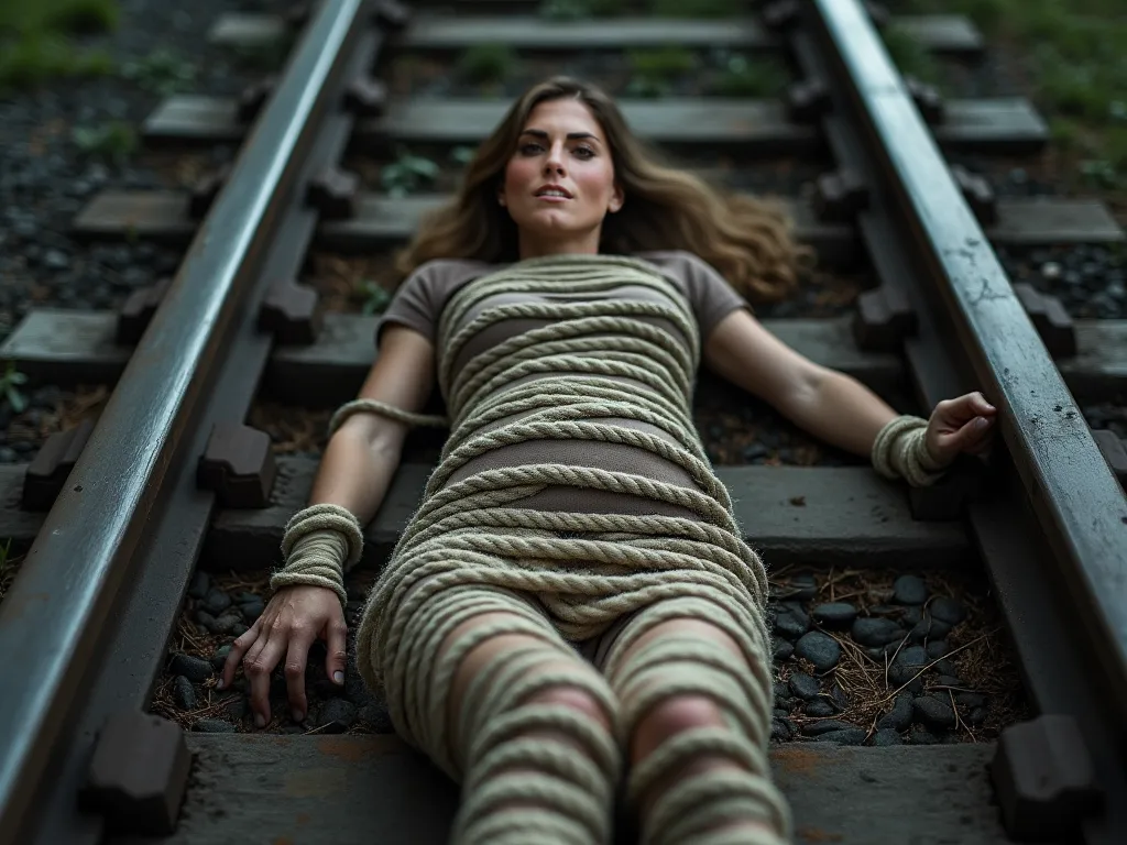 woman tied up with rope and laying on large train tracks. torso wrapped completely with rope. body completely mummified with rope. arms by her side. tied down so she can't escape. scared and helpless. damsel in distress. wearing tight shirt. she is looking...