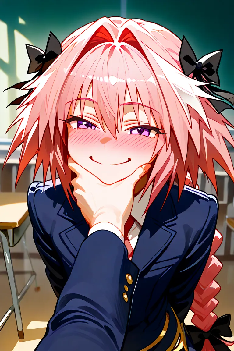 Astolfo, cute femboy, short pink hair, school uniform, blushing, smiling, horny, classroom, chin grab, 8K, high quality, detailed, elegant, kawaii, feminine, cute, adorable, tender, academic, indoor, natural light