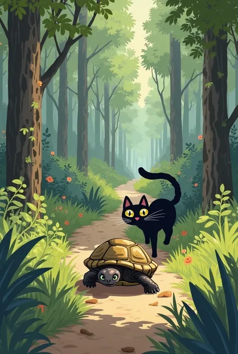 cartoon of a black cat chasing a turtle on a trail, new adventure, an illustration, illustration”, wildlife illustration, prowling through the forest, an illustration of, renbook illustration, ren's book illustration, ren’s book illustration, funny illustr...