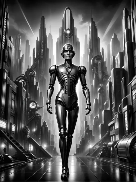 android, futuristic , Stylized, Art Deco, expressionist, 1920s, Mad-Ropolis movie in black and white, (masterpiece:1.2), better quality, (hyper detailed, more detailed:1.2), high-resolution textures