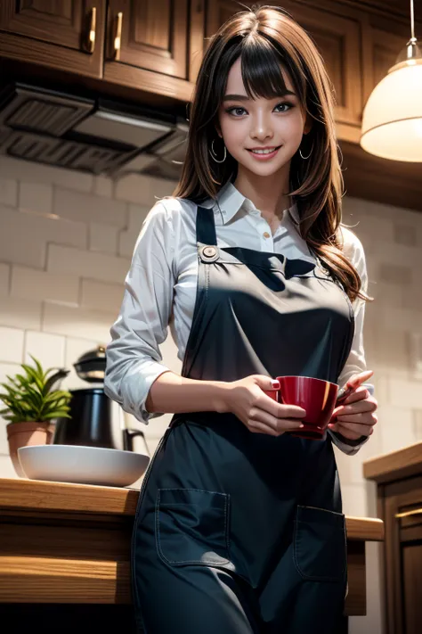 (from below:1.4),((1girl, brown hair, long hair, qutel blue eyes, beautiful eyes, pretty smile:1.5, ), coloring watercolor digital pencil ,Cherry blossoms falling,an animated painting of a woman in an apron standing at a coffee maker, 1girl, brown hair, so...