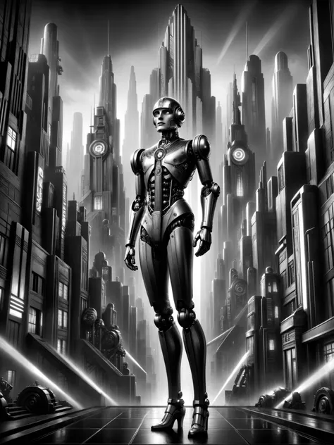 android, futuristic , Stylized, Art Deco, expressionist, 1920s, Mad-Ropolis movie in black and white, (masterpiece:1.2), better quality, (hyper detailed, more detailed:1.2), high-resolution textures